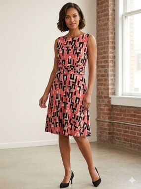 Jessica Howard Black and Coral Geometric Print Dress